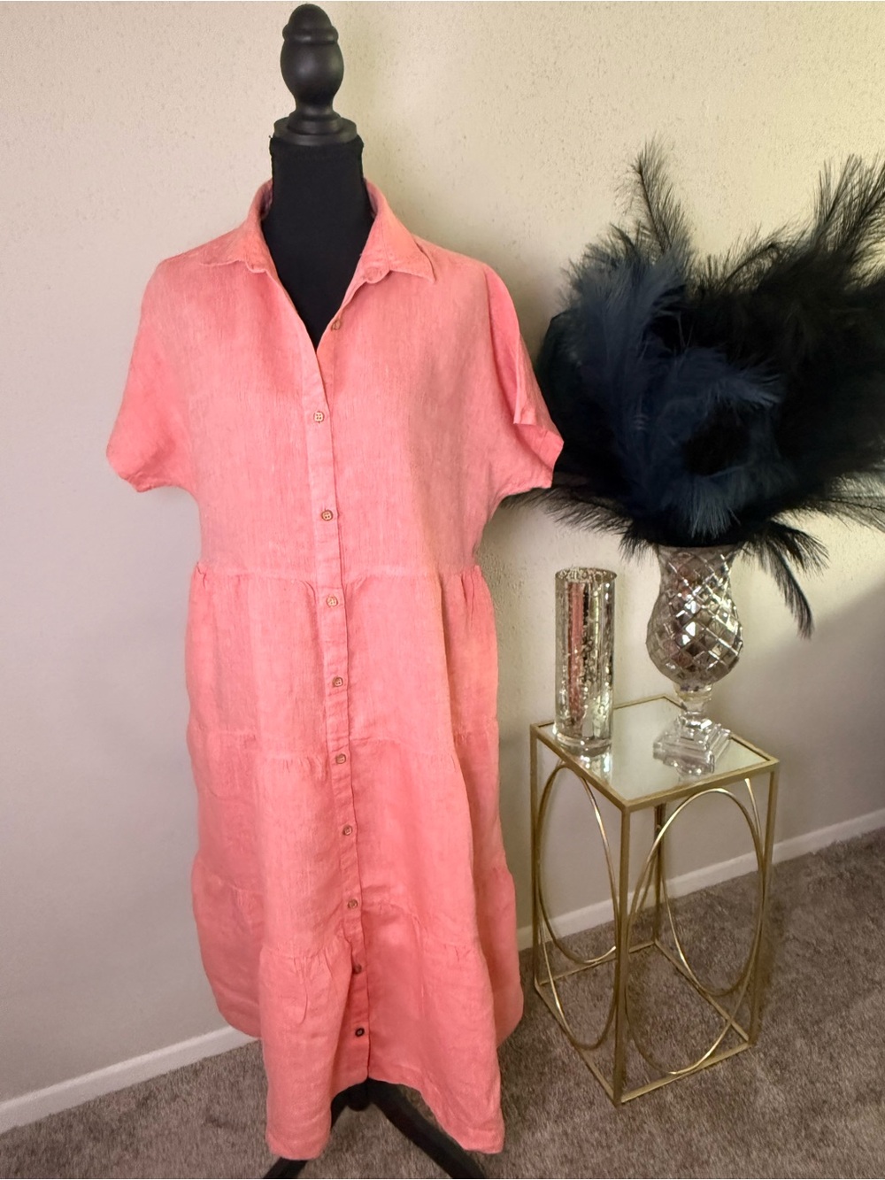 Cynthia Rowley Coral 100% Linen Tiered Shirt Dress Size Medium